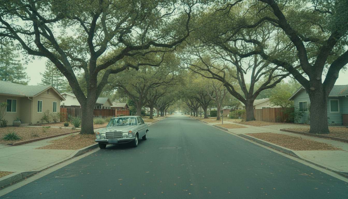 A well-kept older silver sedan parked at the curb of a quiet, green, tree-lined California street