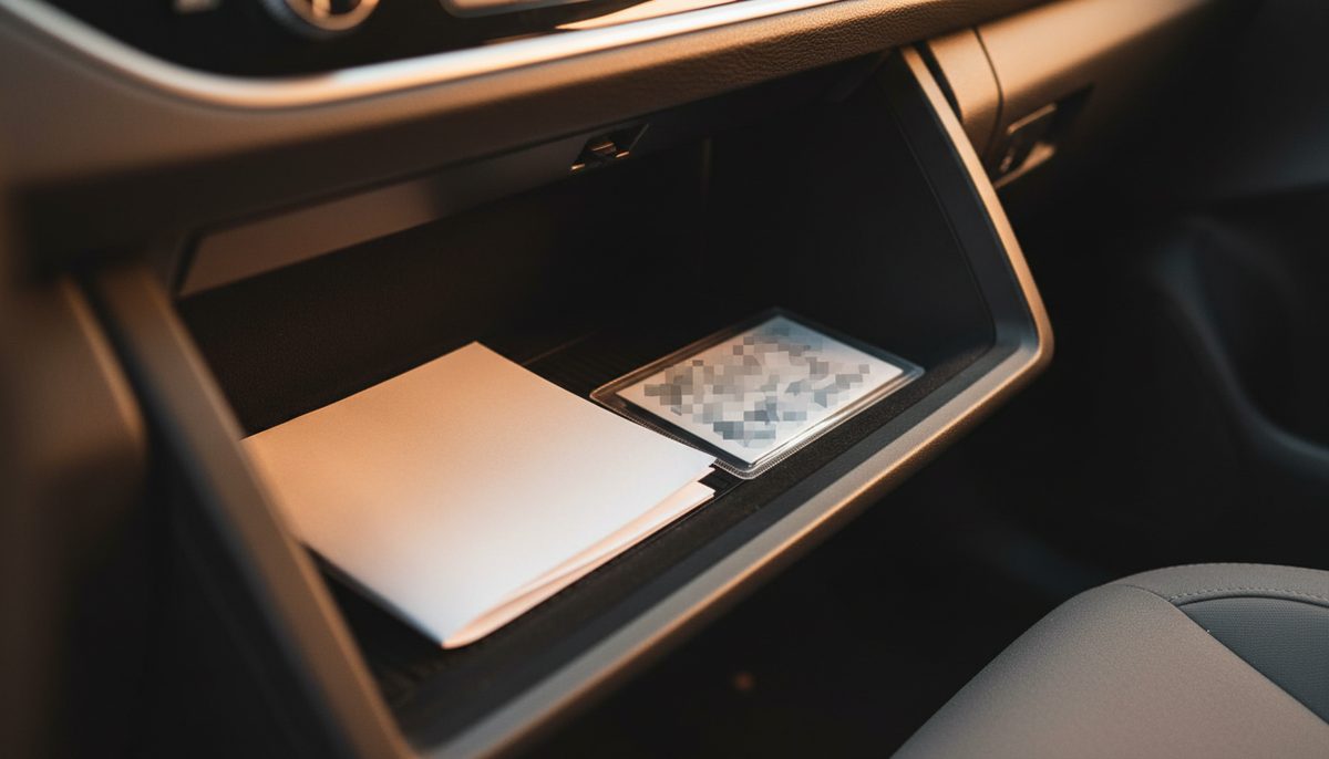 An open car glove box holding a folded document and a card in a clear sleeve