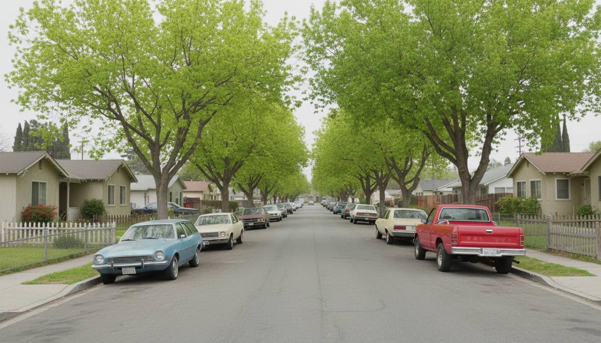 A modest working-class California neighborhood street with older cars parked along both curbs