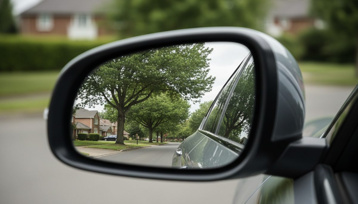 A car's wing mirror reflecting a green tree-lined suburban street