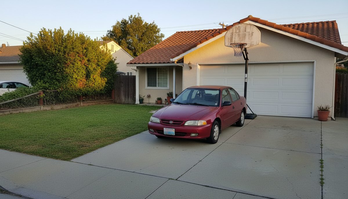 An older compact car parked on a driveway beneath a basketball hoop in a modest California suburb