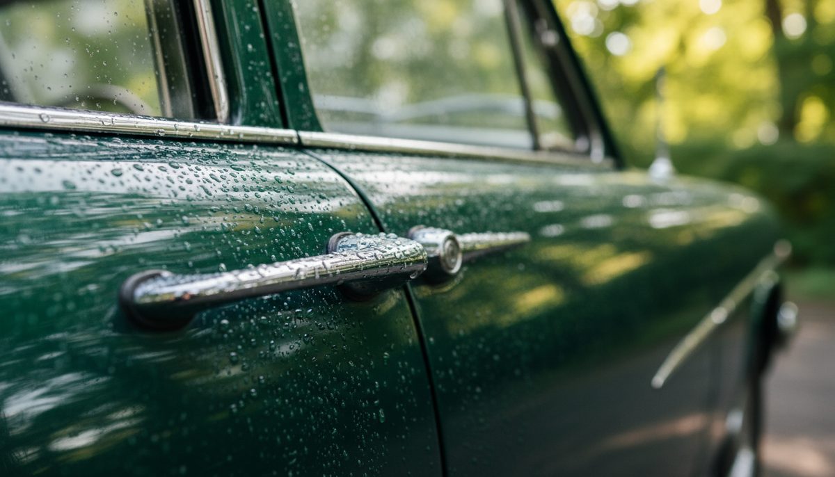Water beading on the clean dark green flank and door handle of a well-maintained older car