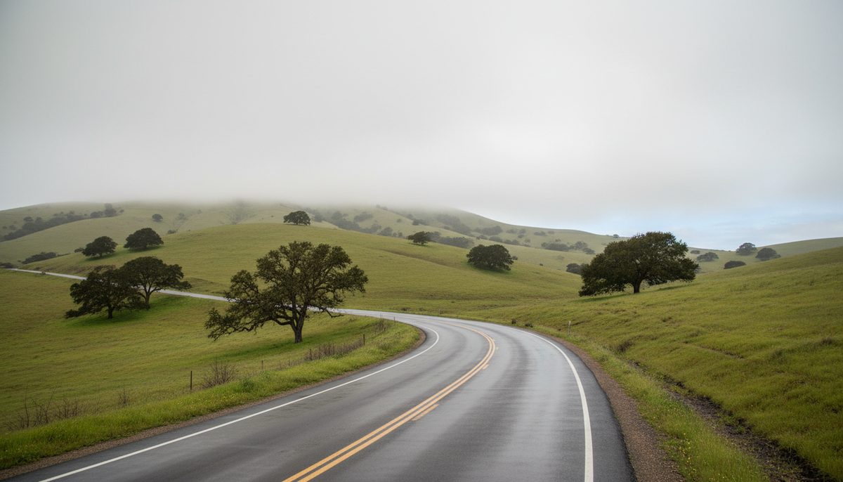 A quiet two-lane road curving through green rolling coastal California hills