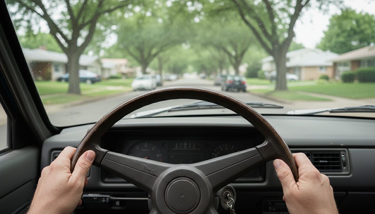 Hands resting on the worn steering wheel of an older car on a quiet green suburban street